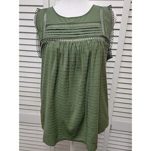 LOFT Olive Green Tank Top Lace Smocked Front Keyhole Back Closure SZ Medium